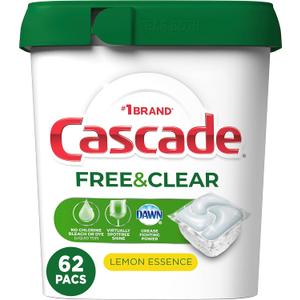 Cascade Free & Clear ActionPacs, Dishwasher Detergent, Lemon Essence, Dishwasher Soap, Dishwasher Pods, 62 Count