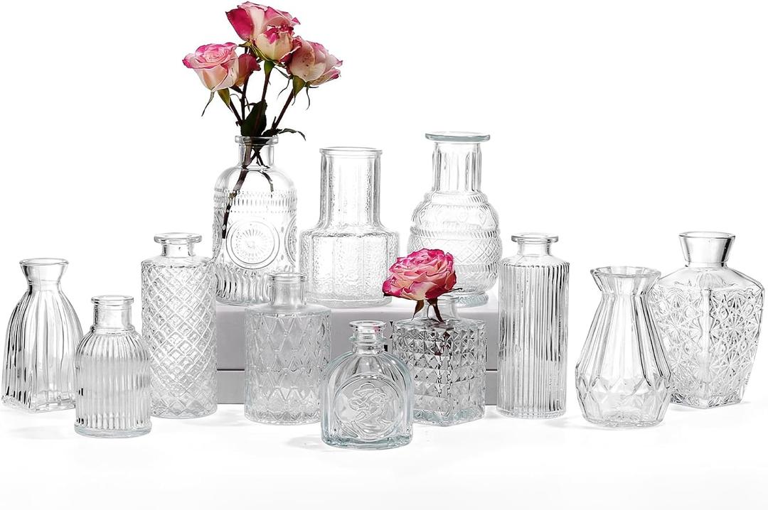 12 Pcs Glass Bud Vase Set, Small Glass Vases for Flowers, Mini Clear Bud Vases for Centerpieces, Wedding, Home, Office and Table Decoration, Clear
