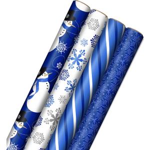 Image Arts Blue Christmas Wrapping Paper with Cut Lines on Reverse (4 Rolls: 120 sq. ft. ttl) Snowmen, Snowflakes, Blue and White Stripes