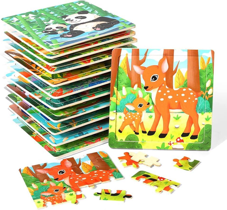 GRINNNIE Jigsaw Puzzle for Toddlers 3 4 5 Years Old, Montessori 12 PCS Wooedn Forest Animal Puzzles, Portable Size Puzzle Preschool Learning Toys for Travel or Car, Birthday Gift for Boys and Girls