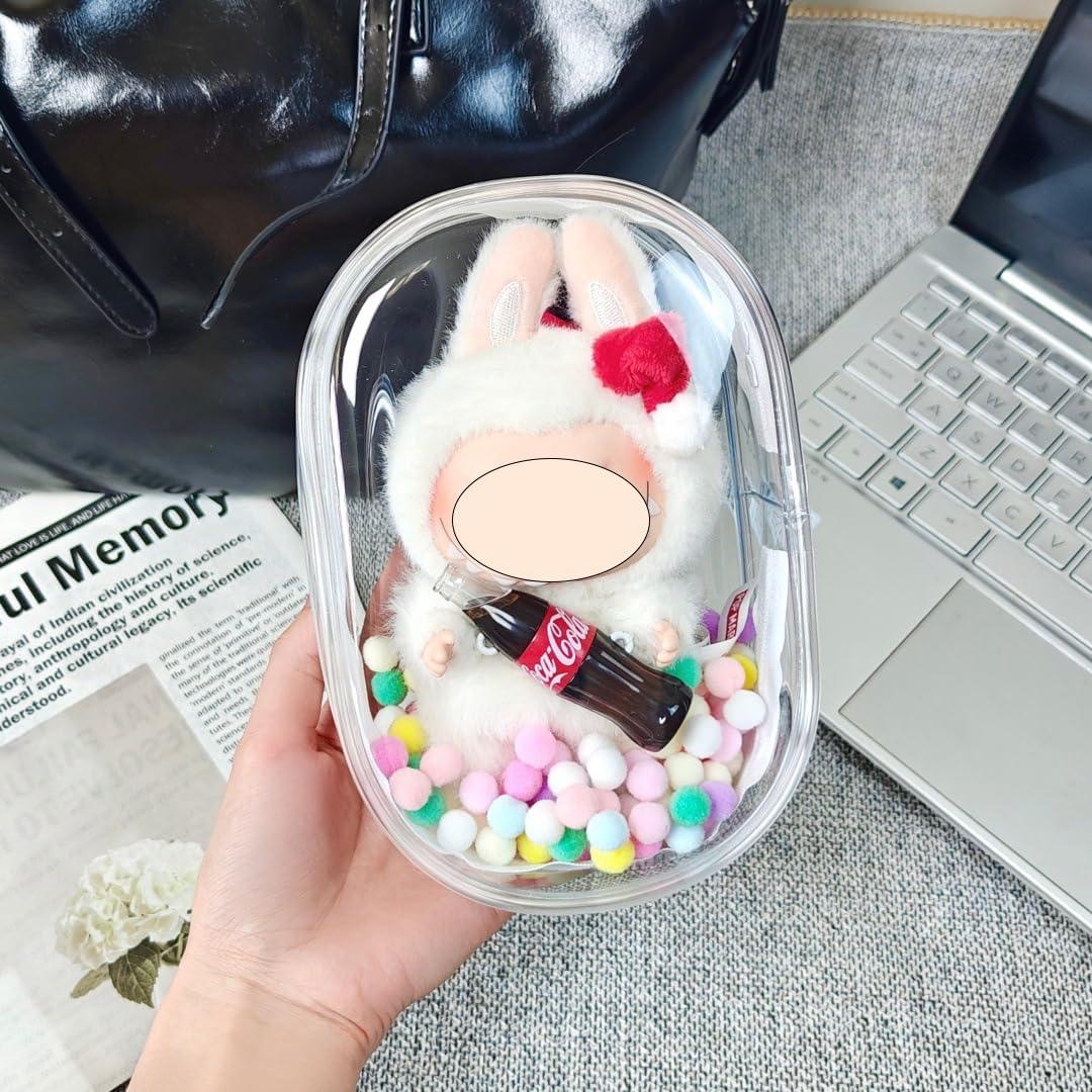 Clear Figure Display Bag for LABUBU, Doll Storage Bag, Blind Box Carrying Pouch, Pouch Keychain Charms for Collectibles (with Zipper- Waterproof), 6.89 * 2.36 * 4.72 inch (Pack of 2, White）