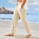 PASLTER Mens Casual Linen Pants Loose Fit Elastic Drawstring Waist Straight-Legs Summer Yoga Beach Long Pants (Beige)