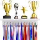 Medal Holder Display Trophy Shelf Organizer, Sturdy Wooden Race Award Hanger Rack with 25 Steel Hooks, Wall Mount Storage Stand for Sports Fans, Cheer Success (Pure White)