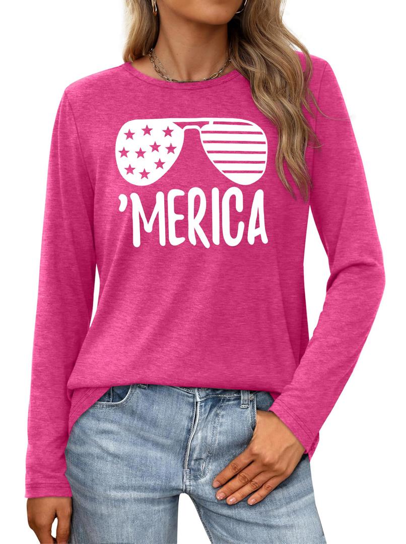 American Flag Shirts for Women 4th of July T Shirt USA Stars Stripes Patriotic Tops Casual Long Sleeve Tees(Pink,2X-Large) (Pink, XXL)