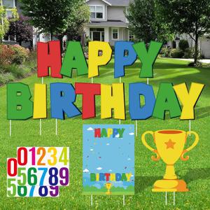 Happy Birthday Yard Signs with Stakes Colorful Birthday Party Supplies Personalized Signs with 20 Number Stickers Trophy Lawn Decorations for Garden Outdoor Birthday Party Decorations
