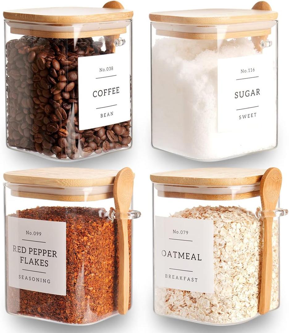 Set of 4 Square Glass Jar with Bamboo Lids and Spoons  Airtight 27 oz Borosilicate Glass Food Storage Contaienrs with 132 Kitchen Pantry Labels for Coffee, Tea, Sugar