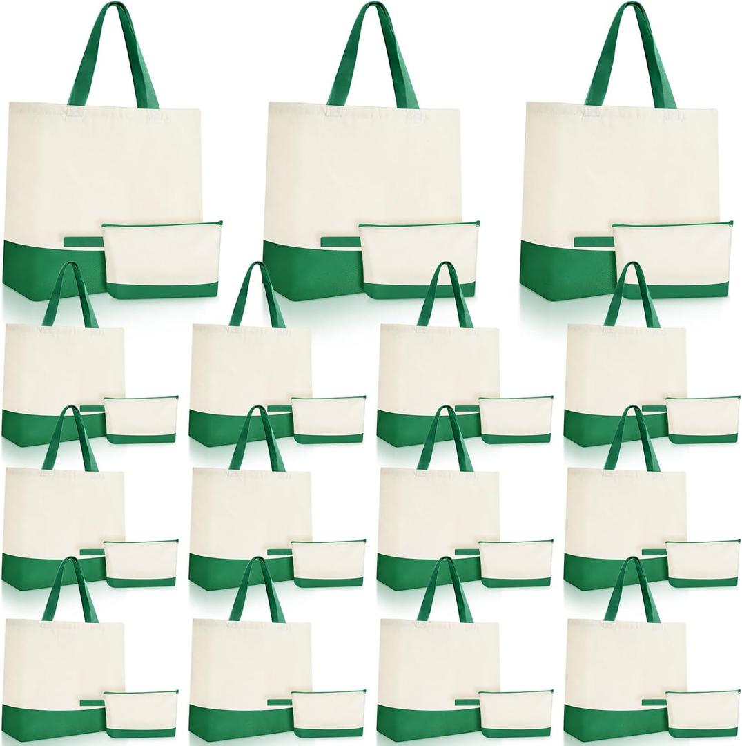 Sanwuta 30 Pcs Canvas Tote Bags Bulk with Zipper Cosmetic Pouch 18.5" Reusable Cotton Shopping Bag with Handle for DIY Craft (Green)