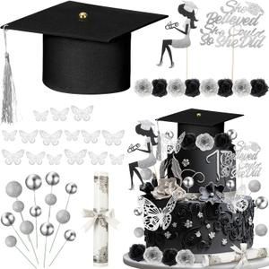 Boao 36 Pcs Graduation Cake Decorations Congrats Grad Cake Toppers Class of 2025 Cap Diploma She Believed She Could Rose Butterfly Decor for Girls 2025 Graduation Party Supplies(Silver)