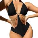 OYOANGLE Women's Chain Linked Cut Out Halter One Piece Swimsuit Tummy Control Bathing Suit (Medium, Black)