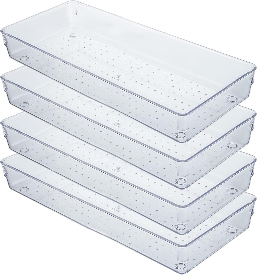 Kingrol 4 Pack Clear Drawer Organizer Trays, 15 x 6 x 2 Inch Desk Drawer Divider Storage Bins, Storage Box Set for Utensils Junks Vanities Makeups Jewelry Office Craft Supplies