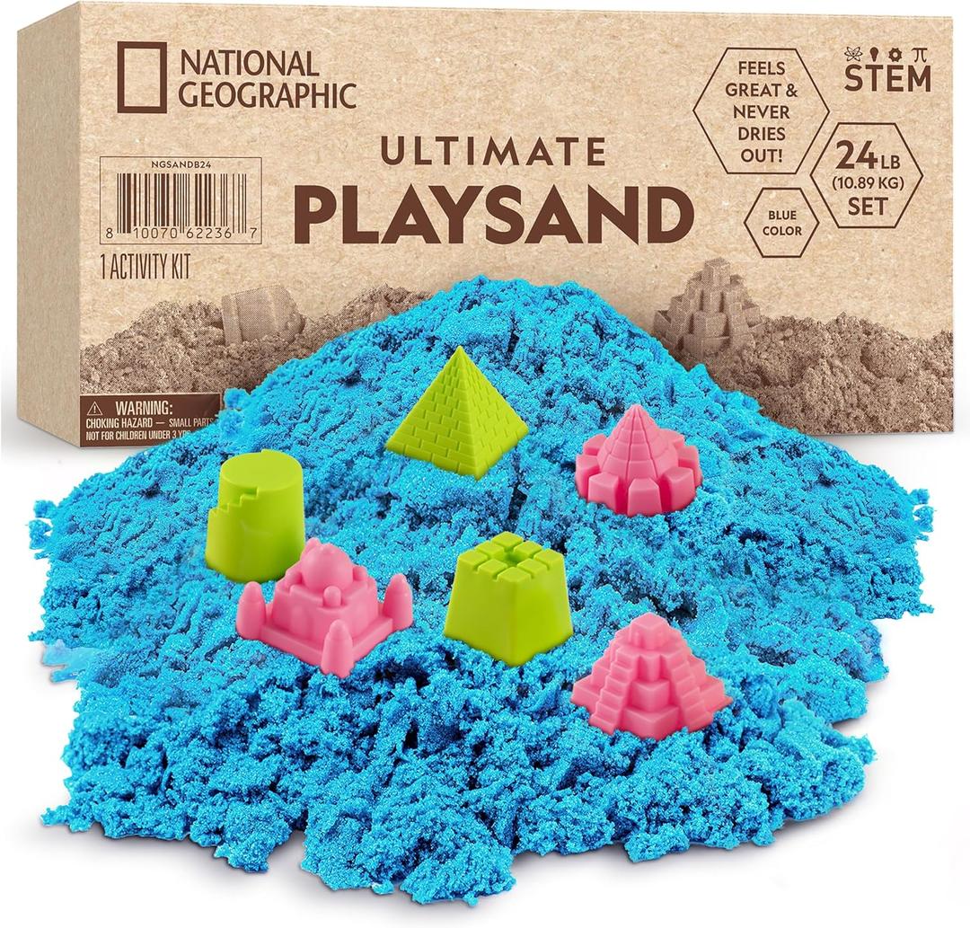 National Geographic Moon Sand - 24 Lb. Bulk Play Sand Kit with 6 Castle Molds (Blue) - A Fun No Mess Sensory Activity, Kids Fake Sand Play Set, Sensory Bin Filler (Multicolor)