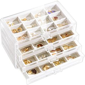 Lolalet Earring Holder Organizer Box Jewelry Storage with 4 Drawers, Clear Acrylic Stackable Earring Case with Adjustable Velvet Trays for Women on Dresser Vanity -Warmwhite, 4 Layers