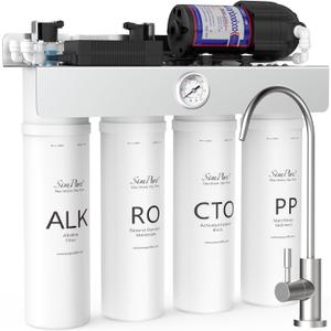 SimPure T1-400ALK Alkaline UV Reverse Osmosis System, NSF/ANSI 58 Certified, Tankless RO Water Filter System 400 GPD, pH+ Remineralization Water Filtration Under Sink, BPA Free, Built-in Pump