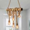 6-Light Farmhouse Chandelier Dining Room Light Fixture, Natural Bamboo & Hemp Rope Pendant Lights Kitchen Island, Boho Rustic Hanging Pendant Lighting for Bar Cafe Bedroom Living Room Decor
