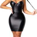 Womens Sexy Black Leather Bodycon Cocktail Party Dress Strappy Skinny Wetlook Mini Night Club Dress, Black, Size S