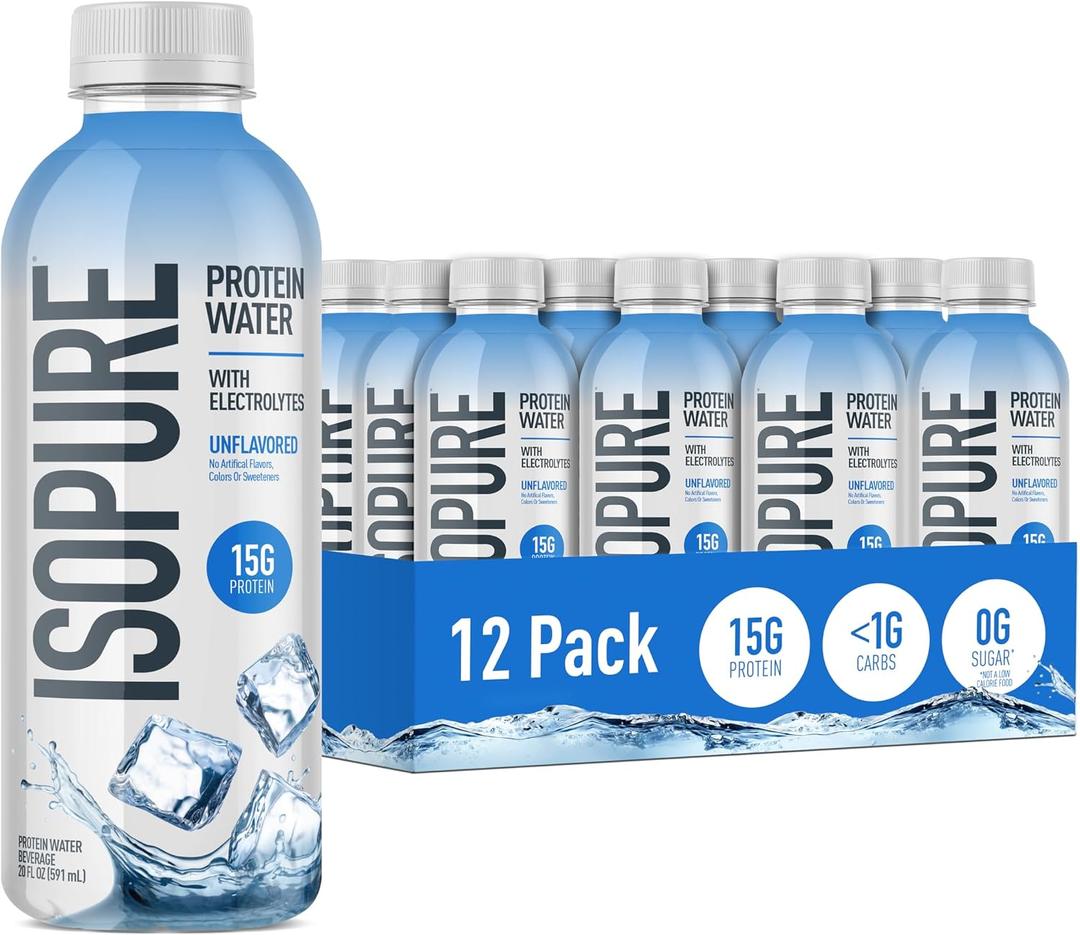 Isopure Clear Protein Water with Electrolytes, 15g Whey Protein Isolate, Zero Sugar, Unflavored, 20 fl oz Bottles, 12-Pack (BBD 11/15/26)