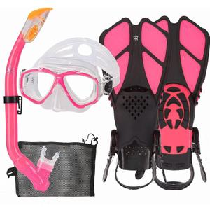 Kids Mask Fins Snorkel Set Snorkeling Packages, with Diving Mask, Snorkel, Adjustable Swim Fins, Mesh Bag, Anti-Fog Anti-Leak Snorkeling Gear for Kids for Snorkeling Swimming Diving (Pink)