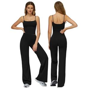 Womens Workout Sets Two Piece Spaghetti Straps U Back Crop Tank Top Matching High Waist Straight Wide Leg Leggings 2 Piece For Women Gym Yoga Active Wear Pilates Outfits Athletic Work Out Set Black S