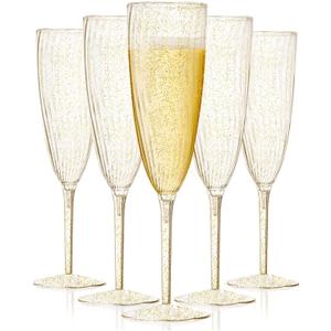 Plastic Champagne Flutes, 36 PCS Gold Glitter Disposable Wine Glasses Reusable Plastic Cocktail Cups for Home Daily Life Party Birthday Wedding Toasting Drinking Champagne(6 oz)