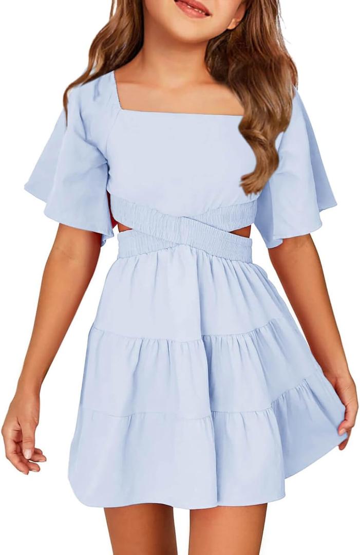 Batermoon Girls Summer Dress Square Neck Short Sleeve Crossover Waist Casual A-line Mini Dress (9-10 Years, Blue)