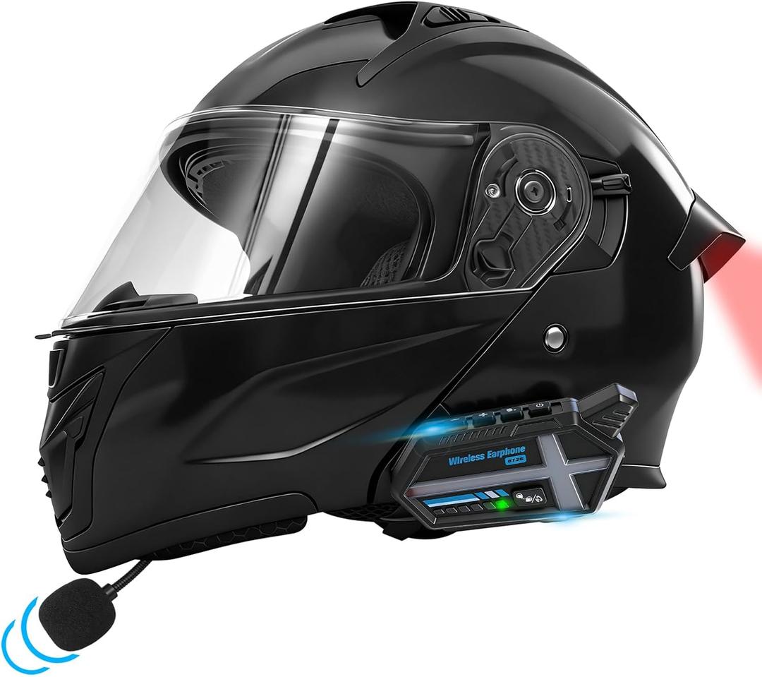 Bluetooth Modular Motorcycle Helmets with Tail Lights, DOT Certified Flip-Up Dual Visor Full Face Helmets for Men & Women Moto ATV UTV Snowmobile ADV Four Wheeler Street Bike (Glossy Black, L)