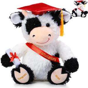 Chalyna 10 Inch Graduation Season Cow Plush Stuffed Animal Cow with Hat, Diploma and Sash, Graduation Gift Decoration for Friend Relatives Party(Red)