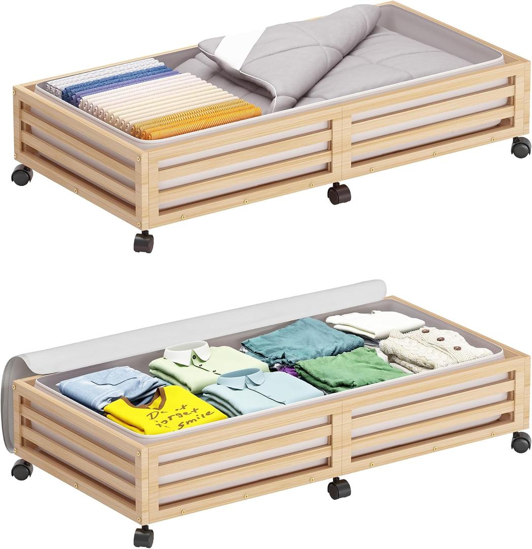 Wisuce Bamboo Under Bed Storage Containers- Underbed Organizer with Wheels with Dust Bag,Sturdy Wood Rolling Under the Bed Shoe Storage Organizer Drawers (Nature, 2 Pack (33.07"x16.54"))