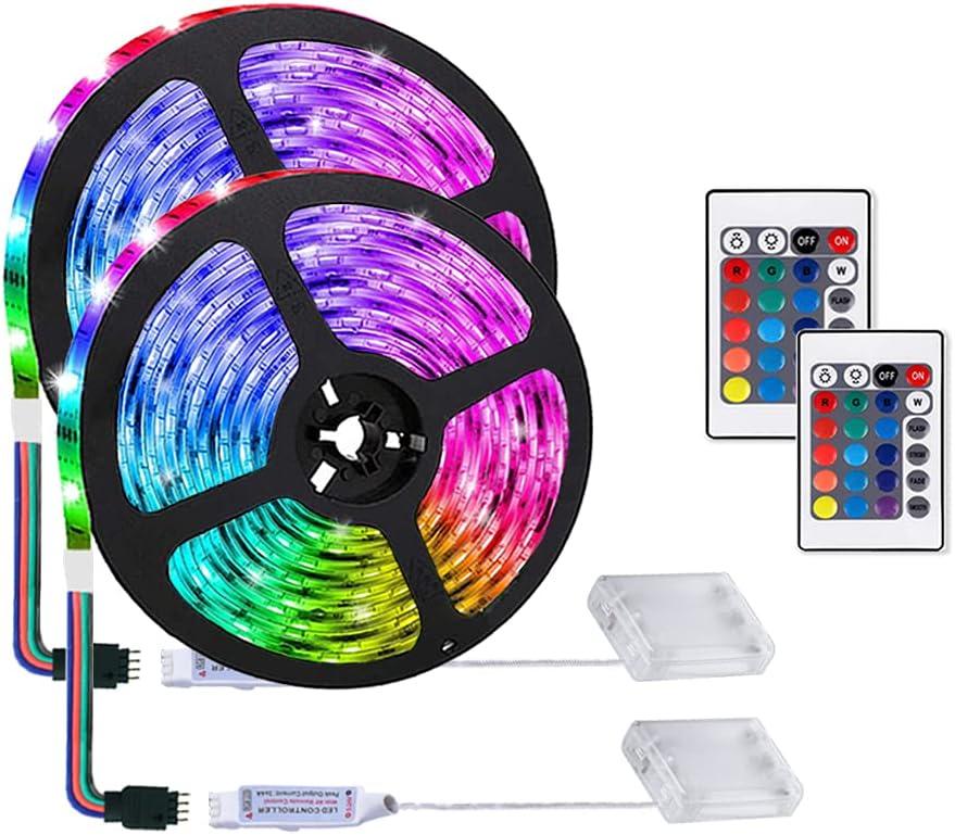 LED Strip with 24 Keys Remote Control, 2m Battery Powered Strip Lights for Party and DIY Decoration, 2 Pack