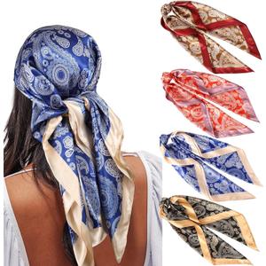 AWAYTR 35 Satin Large Square Head Scarves - 4PCS Silk Like Neck Scarf Hair Sleeping Wraps Satin Silk Scarfs for Women (Cashew (Black+red+blue+brown))