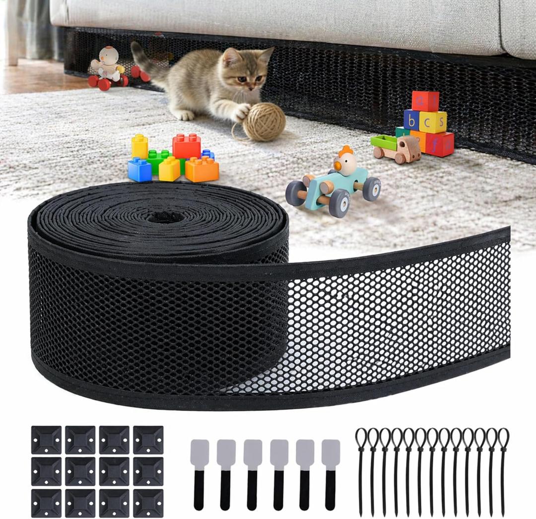 Under Couch Blocker for Pets and Toys, 6in x 32.8ft Upgraded Under Bed Blocker with 15 Mounting Bases and 6 Hook and Loop, Toy Blocker for Couch, Stop Cats Dogs Going Under Sofa (Black)