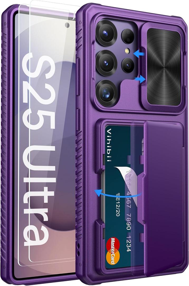 Vihibii for Samsung Galaxy S25 Ultra Case with Card Holder (4 Cards), Built-in 2X Tempered Glass Screen Protector, Slide Lens Cover, Rugged & Shockproof Wallet Case for S25 Ultra 6.9" 5G, Dark Purple