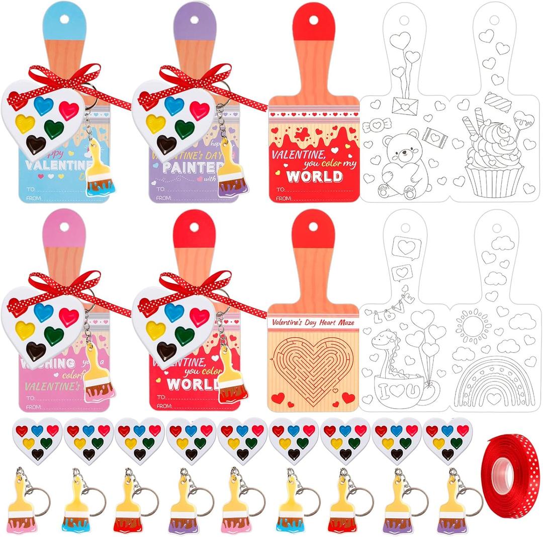 24 Sets Valentines Day Gifts for Kids,Valentines Cards with Watercolor Paint Bulk and keychain,School Classroom Exchange Gifts for Party Favors