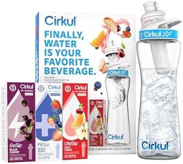 Cirkul 22oz. BPA-Free Plastic Water Bottle Starter Kit with Blue Lid, 3 Flavor Cartridges (1 LifeSip Fruit Punch, 1 FitSip Mixed Berry, 1 GoSip Black Cherry) Zero Calories and No Sugar