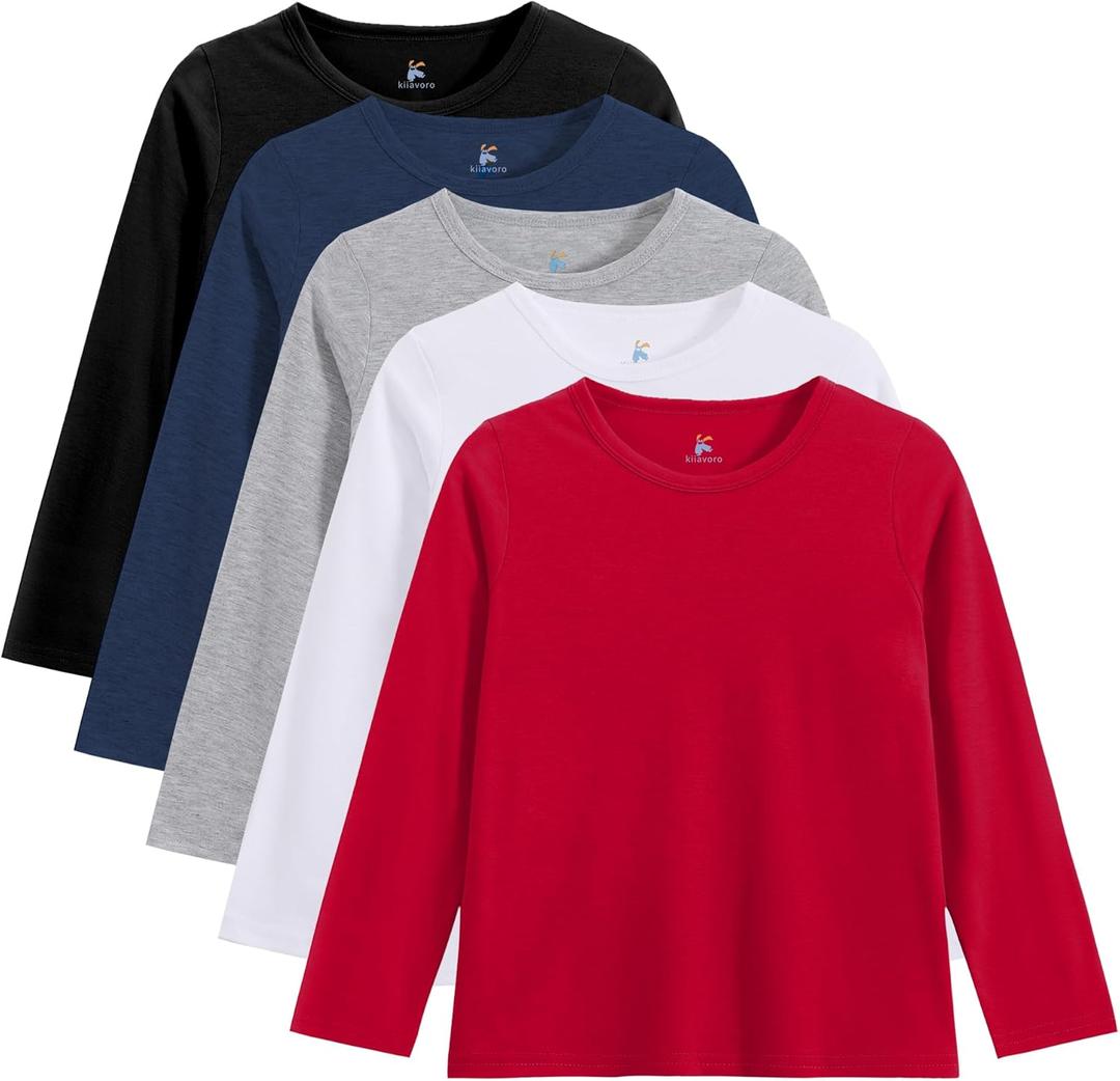 5 Pack Boys Long Sleeve Shirts Kids Soft Crewneck Tee T-Shirt Basic Long Sleeve Top (9-10 Years, Color A-deep Blue, Light Gray, Red)
