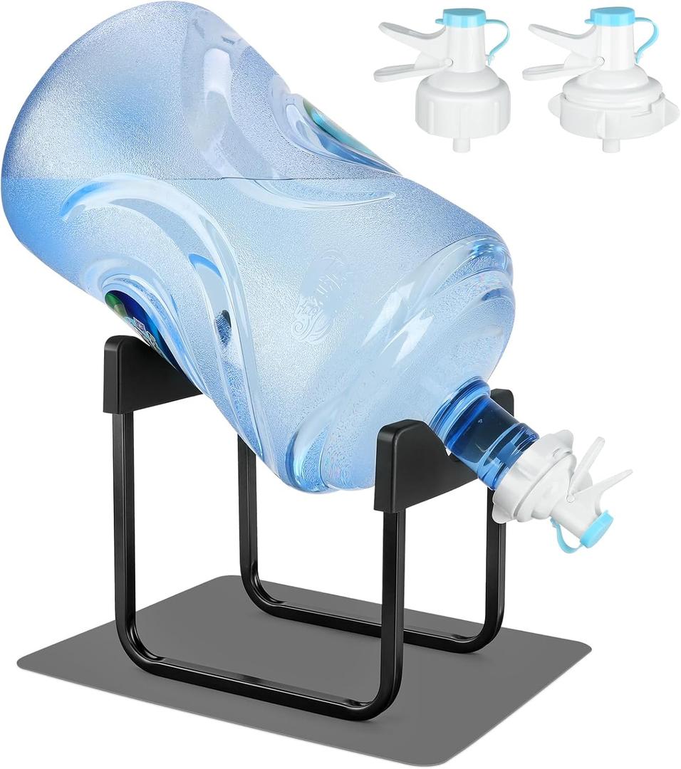Stainless Steel 3-5 Gallon Water Jug Stand and 2 Dispenser Valves, Rust-Resistant Non Slip Water Stand with BPA Free Fast Flow Water Spout Fits Both 52mm and 55mm Bottles 2 CAPS Included