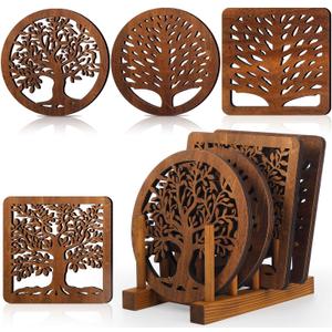 Beeveer 5 Pcs Life Tree Wooden Trivets with Storage Rack Hot Pads Trivets for Hot Dishes Pots and Pans Heat Resistant Mat Set Tea Pot Holders for Kitchen Dining Table(Dark Wood)
