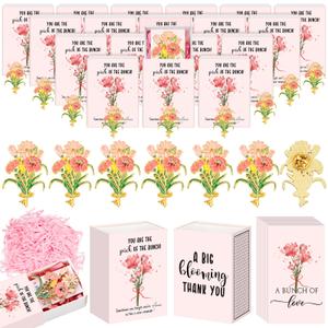 Landical 50 Sets Thank You Pins Gift Flower Bunches Pins with Box Back to School Employee Appreciation Gift Bulk Pink Lapel Brooch with Pocket Card for Women Volunteer Nurse Teacher