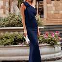 PRETTYGARDEN Women's Summer One Shoulder Long Formal Dresses Sleeveless Ruched Bodycon Wedding Guest Slit Maxi Dress (Blue, S)
