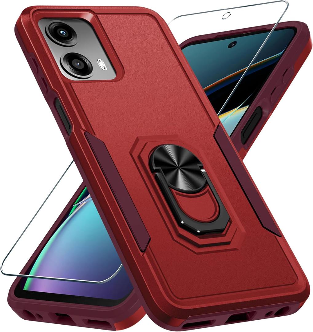 Janmitta Compatible with Moto G 5G 2024 Case with Screen Protector,Heavy Duty Shockproof Full Body Protective Cover Built in Rotatable Metal Ring Holder Kickstand,Red