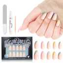 French Tip Press on Nails - Almond Shaped Gentle on Natural Nails for Girls Mini Vacation, Photo Shoot, 24Pcs with Glue and Gel, 12 Sizes, Coloful Nude
