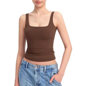 PUMIEY Women's Square Neck Tank Top Sleeveless Double Lined Basic Tops Sharp Collection (Chocolate)