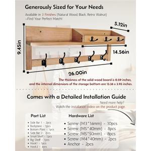 Exper City Coat Rack Wall Mount with Shelf, 26IN Wooden Coat Hanger Hooks Wall Mount with 8 Metal Hooks, Hanging Shelf with Hooks, Wood
