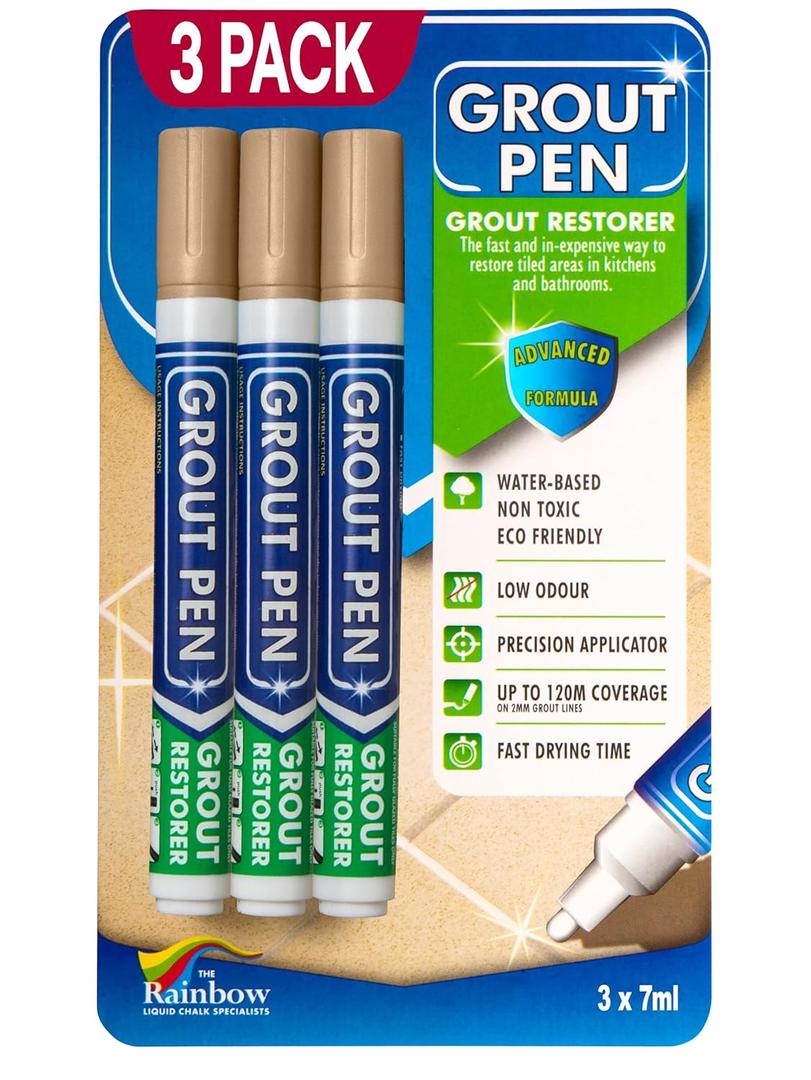 Grout Pen Beige Tile Paint Marker: Waterproof Grout Paint, Tile Grout Colorant and Sealer Pen - Beige, Narrow 5mm Tip (7mL) - 3 Pack