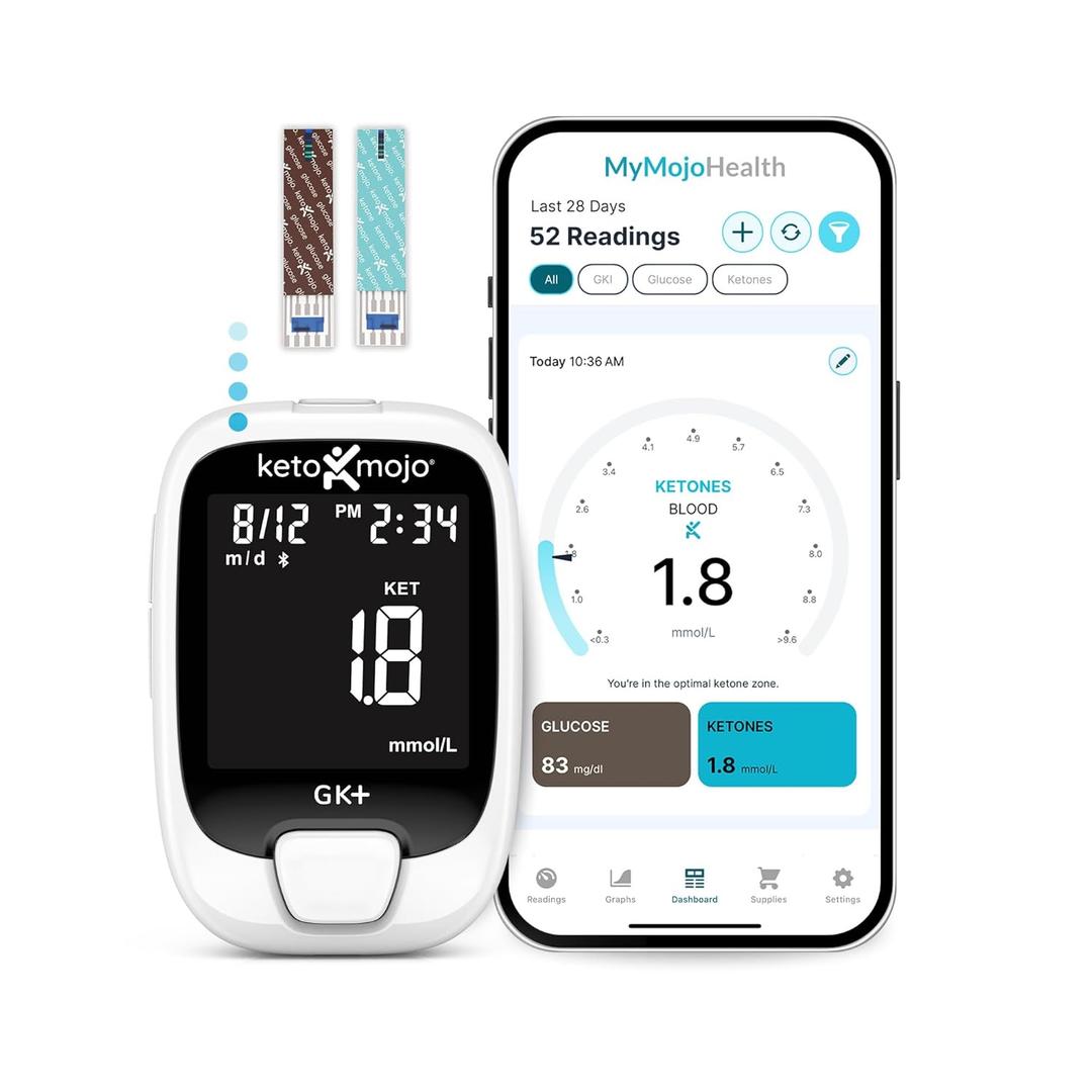 KETO-MOJO GK+ Bluetooth Glucose & Ketone Testing Kit + Free APP for Ketosis & Diabetes Management. 20 Blood Test Strips (10 Each), Meter, 20 Lancets, Lancing Device, and Control Solutions