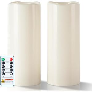 5plots 4"×10" Large Outdoor Waterproof Flameless Candles Ivory White with Timer & Remote, Battery Operated LED Flickering Pillar Candles for Patio Porch Halloween Christmas Lantern, Set of 2