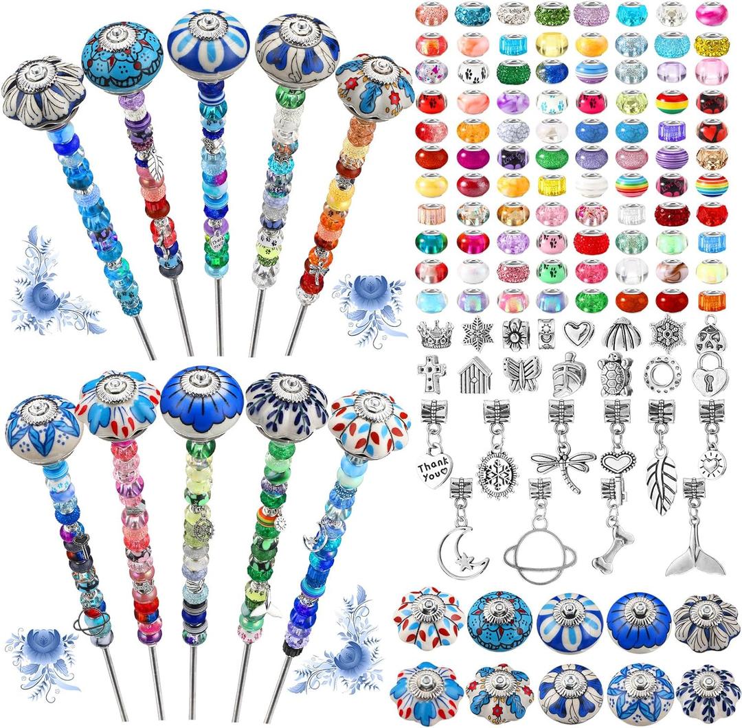 255 Pcs 14 Inch Christmas Garden Stakes Decorative Blue and White Porcelain Ceramic Round Beaded Garden Stakes Decor Fairy Sticks for Indoor Outdoor Yard Lawn Pathway Patio Decoration