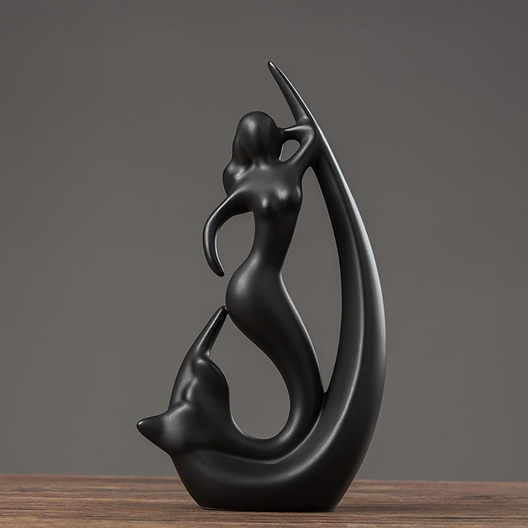 Ceramic Beauty Mermaid Statue Sculpture Black Animal Art Porcelain Figurine Home Decor Decorations for Living Room Book Shelf Carbinet Desk Table Top Ornament (K1)