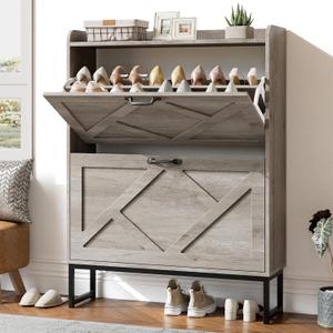 Nicetree Shoe Storage Cabinet with 2 Flip Drawers, Freestanding Shoe Organizer, Shoe Cabinet with Metal Legs, Narrow Shoe Rack Cabinet, Farmhouse Slim Shoe Cabinet for Entryway, Hallway, Rustic Gray