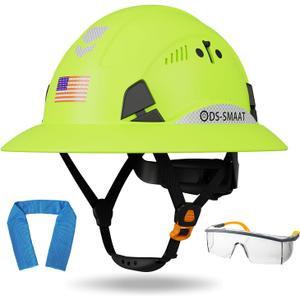 Full Brim Hard Hat ANSI Z89.1 Type 1 & OSHA Certified Safety Helmet with Glasses and Cooling Towel,with 6-Point Suspension & Adjustable Vents (Green)