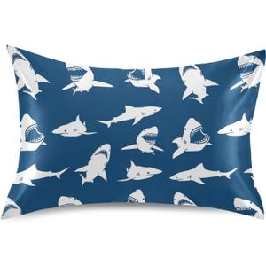 White Sharks Silhouettes Pillow Covers Silk Pillowcase for Hair and Skin Soft Smooth Breathable Cooling Satin Pillowcase Standard Size Pillow Case for Sleeping Women Boys Girls Room (20x30 Inch)